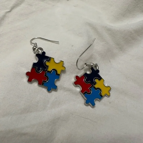 Colorful Puzzle Piece Earrings - Autism Awareness Puzzle Piece - Picture 3 of 3
